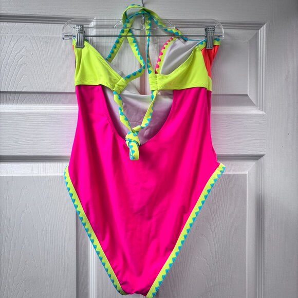 Popvil - One Piece Swimsuit Women Neon Color Block Bathing Suit - Picture 4 of 4